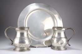 TWO PEWTER QUART TANKARDS