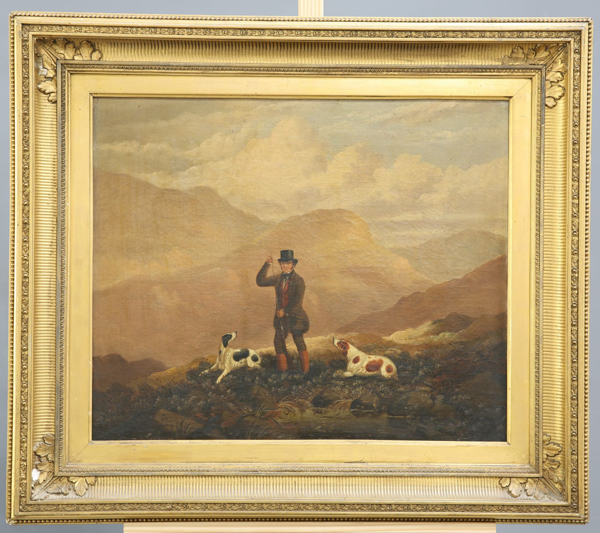 ENGLISH SCHOOL (18TH CENTURY), A SPORTSMAN AND HIS DOGS IN A LAKELAND LANDSCAPE, A PAIR, oil on - Image 3 of 4