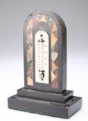 A VICTORIAN ASHFORD BLACK MARBLE AND PIETRA DURA DESK THERMOMETER