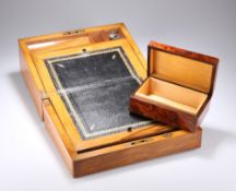 A VICTORIAN WALNUT WRITING SLOPE AND A BURR WOOD BOX