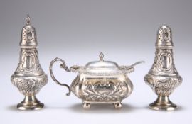 AN EDWARDIAN SILVER THREE PIECE CONDIMENT SET