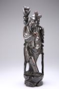 A JAPANESE SILVER INLAID HARDWOOD FIGURE, EARLY 20TH CENTURY