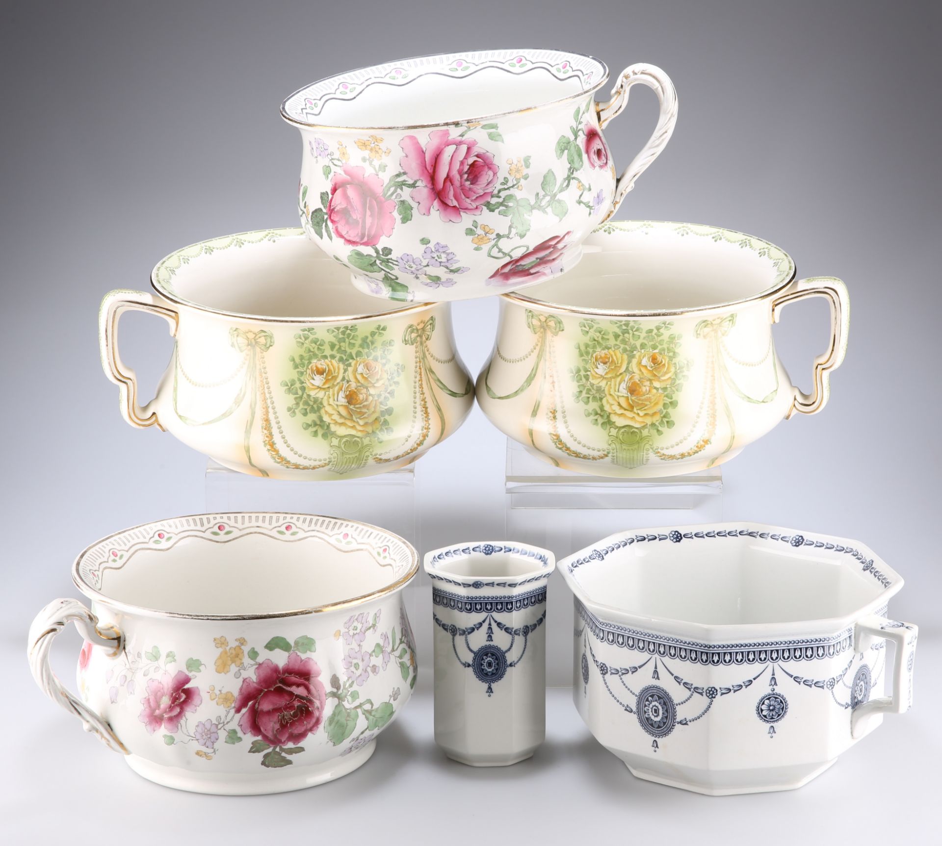 A GROUP OF FIVE VICTORIAN CHAMBER POTS