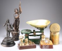 TWO SPELTER FIGURDS, WEIGHING SCALES ETC.