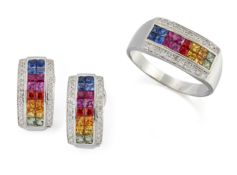 A VARI-COLOURED SAPPHIRE AND DIAMOND RING AND EARRING SUITE