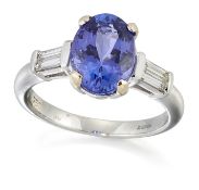 AN 18 CARAT WHITE GOLD TANZANITE AND DIAMOND THREE-STONE RING