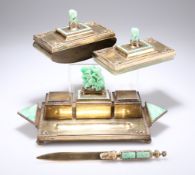 A FINE GEORGE V SILVER-GILT AND JADE DESK SET