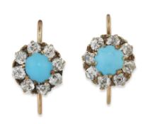 A PAIR OF LATE NINETEENTH CENTURY TURQUOISE AND DIAMOND CLUSTER EARRINGS