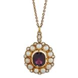 A GARNET, SPLIT PEARL AND DIAMOND PENDANT, ON CHAIN