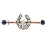 AN EARLY 20TH CENTURY SAPPHIRE, PEARL AND DIAMOND HORSESHOE BROOCH