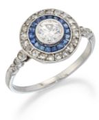 AN ART DECO SAPPHIRE AND DIAMOND CLUSTER RING