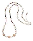 A CULTURED PEARL AND GEMSTONE BEAD NECKLACE