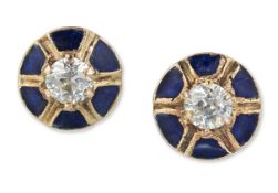 A PAIR OF SOLITAIRE DIAMOND AND BLUE ENAMEL STUD EARRINGS