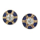 A PAIR OF SOLITAIRE DIAMOND AND BLUE ENAMEL STUD EARRINGS