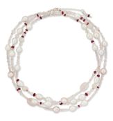 A CULTURED PEARL AND GEMSTONE BEAD NECKLACE