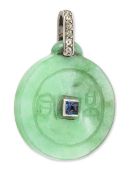 AN ART DECO JADE, SAPPHIRE AND DIAMOND PENDANT