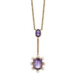 AN AMETHYST AND SEED PEARL PENDANT ON CHAIN