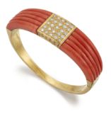 A CORAL AND DIAMOND BANGLE