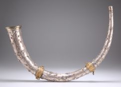 A LARGE CONTINENTAL WHITE-METAL HORN, 19TH CENTURY