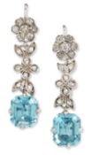 A PAIR OF BLUE ZIRCON AND DIAMOND PENDANT EARRINGS