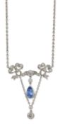 A SAPPHIRE AND DIAMOND PENDANT ON CHAIN