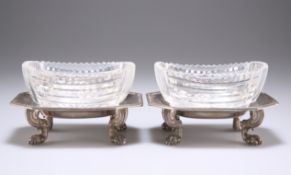 A PAIR OF GEORGE V CUT-GLASS SWEETMEAT BOWLS ON SILVER STANDS