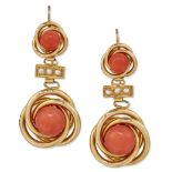 A PAIR OF CORAL AND SPLIT PEARL PENDANT EARRINGS