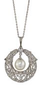 AN EARLY 20TH CENTURY NATURAL SALTWATER PEARL AND DIAMOND PENDANT ON CHAIN