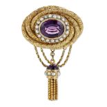 A VICTORIAN AMETHYST AND SEED PEARL BROOCH