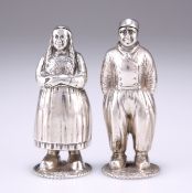 A PAIR OF DUTCH SILVER NOVELTY FIGURAL SALT AND PEPPER POTS