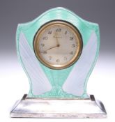 AN ART DECO SILVER AND ENAMEL MANTEL CLOCK