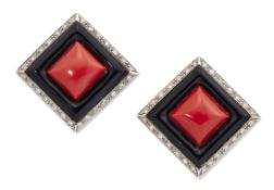 A PAIR OF CORAL ONYX AND DIAMOND EARRINGS