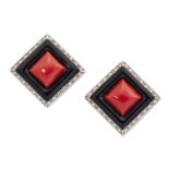 A PAIR OF CORAL ONYX AND DIAMOND EARRINGS