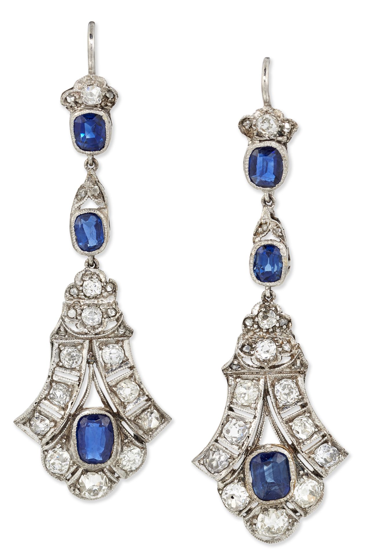 A PAIR OF SAPPHIRE AND DIAMOND PENDANT EARRINGS