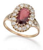 A RED SPINEL AND DIAMOND CLUSTER RING