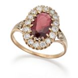 A RED SPINEL AND DIAMOND CLUSTER RING