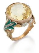 A YELLOW SAPPHIRE, DIAMOND AND ENAMEL RING