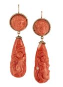 A PAIR OF LARGE CORAL PENDANT EARRINGS