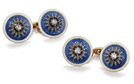 CARTIER: A PAIR OF EARLY 20TH CENTURY DIAMOND AND ENAMEL CUFFLINKS