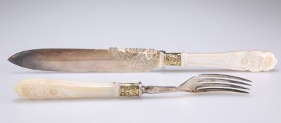 A VICTORIAN SILVER, SILVER-GILT AND MOTHER-OF-PEARL SERVING KNIFE AND FORK