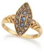 AN EDWARDIAN 18 CARAT GOLD SAPPHIRE AND DIAMOND NAVETTE RING