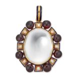 A GARNET, SPLIT PEARL AND ROCK CRYSTAL PENDANT