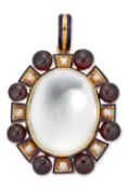 A GARNET, SPLIT PEARL AND ROCK CRYSTAL PENDANT