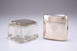 A GEORGE V SILVER TOPPED GLASS INKWELL AND CIGARETTE CASE