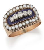 A DIAMOND, SPLIT SEED PEARL AND BLUE ENAMEL RING