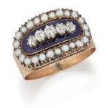 A DIAMOND, SPLIT SEED PEARL AND BLUE ENAMEL RING