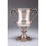 A LARGE 19TH CENTURY INDIAN SILVER TWO-HANDLED TROPHY CUP