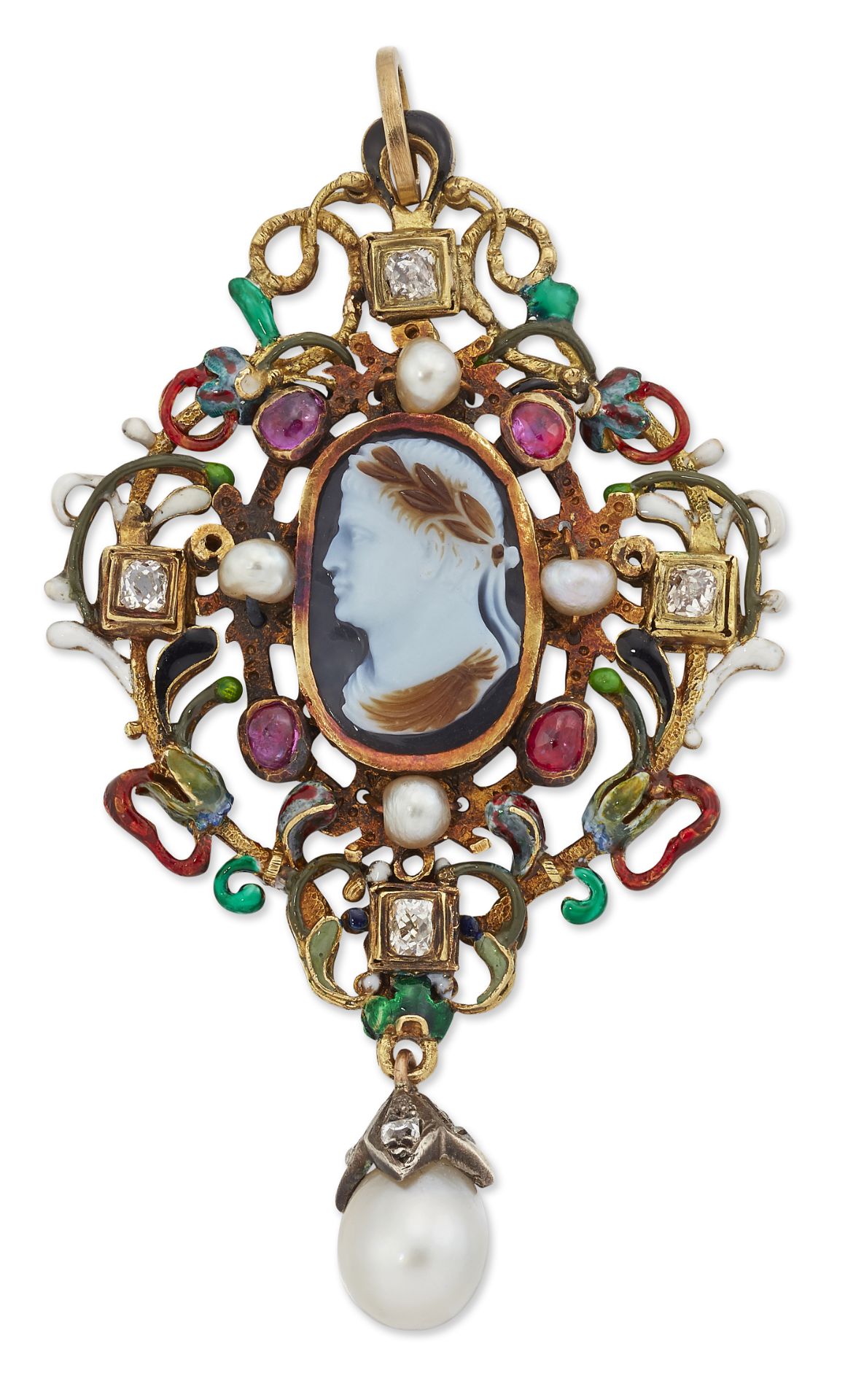 A FRENCH COMMESSO HARDSTONE CAMEO AND GEM-SET PENDANT