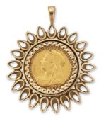 A 1900 VICTORIA HALF SOVEREIGN, LOOSE MOUNTED IN A 9 CARAT GOLD FRAME AS A PENDANT