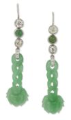 A PAIR OF JADE AND DIAMOND PENDANT EARRINGS